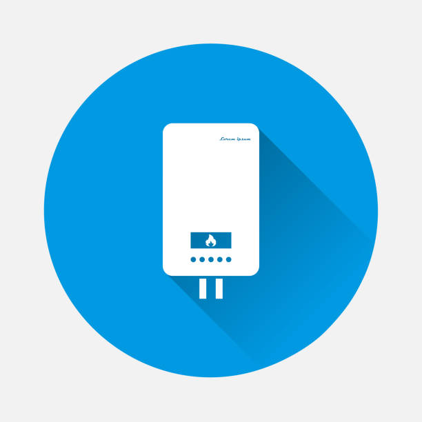 Water boiler vector iconon blue background. Flat image with long shadow. Water boiler vector iconon blue background. Flat image with long shadow. Layers grouped for easy editing illustration. For your design. bathroom geyser stock illustrations
