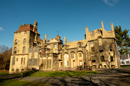 Doylestown, USA - April 2, 2021. Fonthill Castle at Sunrise. Fonthill Castle is the residential house, built during the period of 1908-1912, of Henry Chapman who was an archeologist and tile maker.