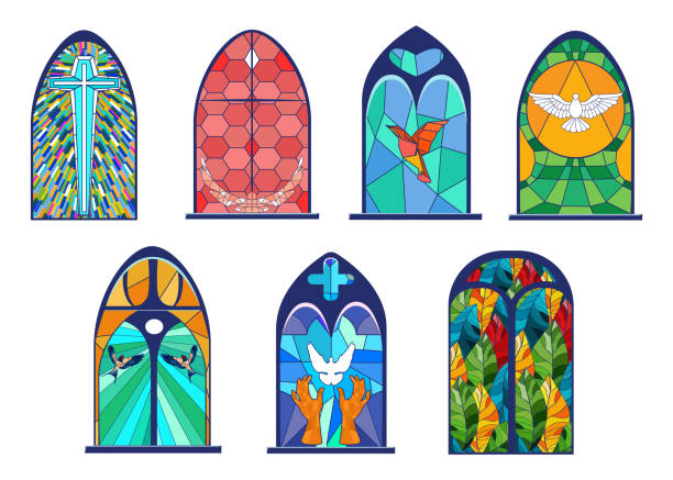 istock Cartoon set of old stained glass windows vector illustration 1312456129