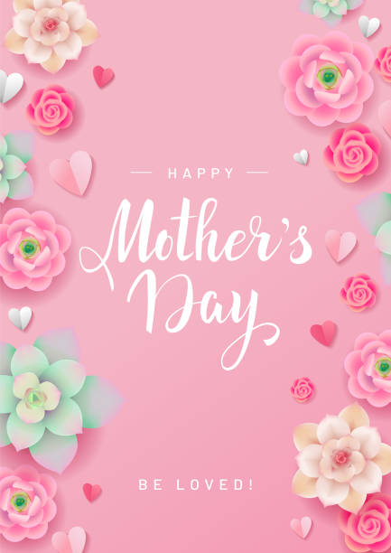 happy mother es day vektor poster design konzept. blumen und papier herzen illustration auf rosa hintergrund mit handgeschriebenen kalligraphischen phrase. seien sie geliebt! - mothers day stock-grafiken, -clipart, -cartoons und -symbole