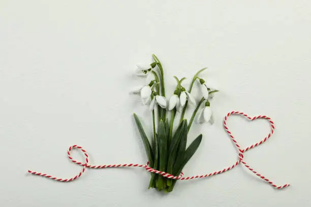 Beautiful snowdrops with traditional cord martisor on white background, flat lay and space for text. Symbol of first spring day