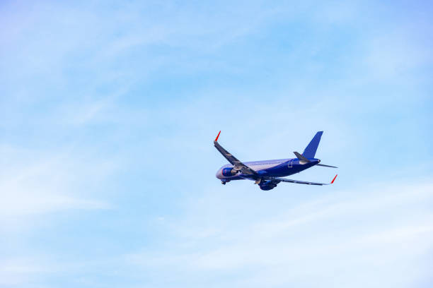 istock Passenger airplane flying against clear blue sky 1312458635