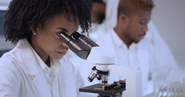 equipe de etnia africana trabalhando em amostras médicas. usando roupas de trabalho protetoras, usando computadores - microscope scientist laboratory research - fotografias e filmes do acervo