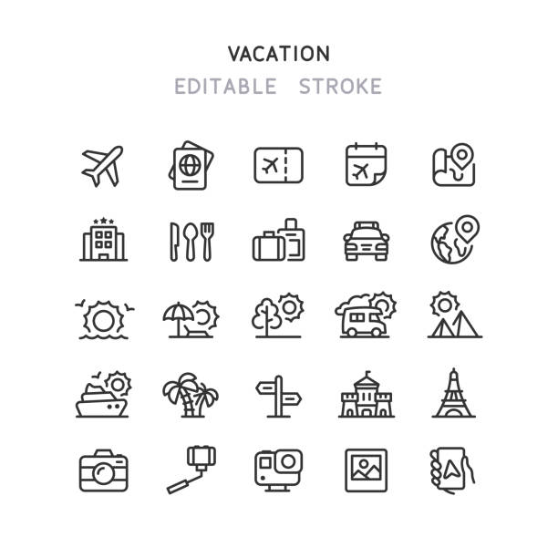 ilustraciones, imágenes clip art, dibujos animados e iconos de stock de iconos de viaje y línea de vacaciones trazo editable - viajes