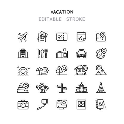 Set of travel and vacation line vector icons. Editable stroke.