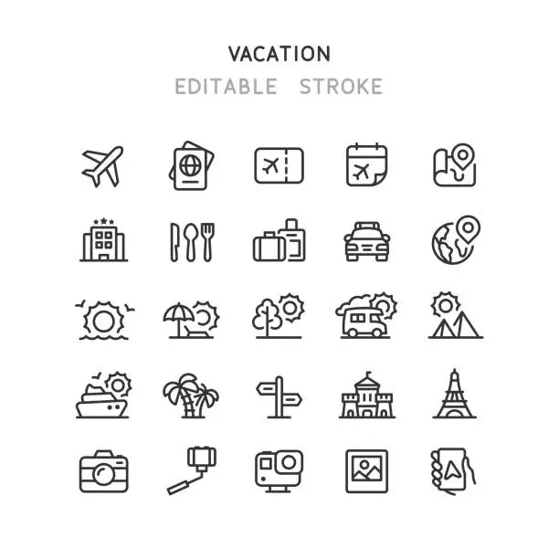 Vector illustration of Travel & Vacation Line Icons Editable Stroke