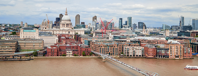 London, panoramic aerial view over Thames river with Millennium bridge, St. Paul and London skyline. Toned image.