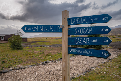 Signpost in the Thorsmork valley, Iceland, giving directions to the famous Laugavegur trail.
