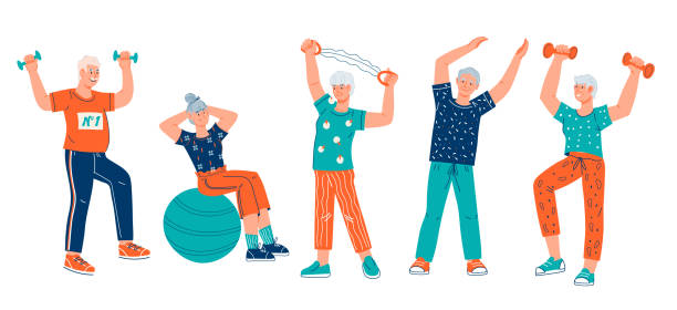 ilustraciones, imágenes clip art, dibujos animados e iconos de stock de ancianos personas mayores activas personajes de dibujos animados haciendo ejercicios deportivos, vector plano. - sport couple isolated muscular build