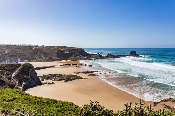 bay and beach of zambujeira (praia da zambujeira), alentejo, portugal - alentejo imagens e fotografias de stock
