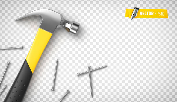 illustrazioni stock, clip art, cartoni animati e icone di tendenza di martello e chiodi realistici vettoriali - chiodo attrezzi da lavoro