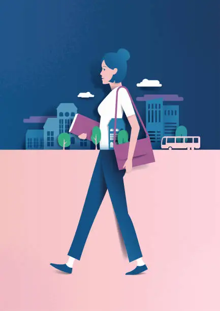 Vector illustration of young woman, student, goes to university