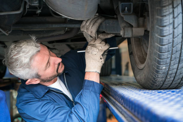 istock Car mechanic checking car wheel 1312469182