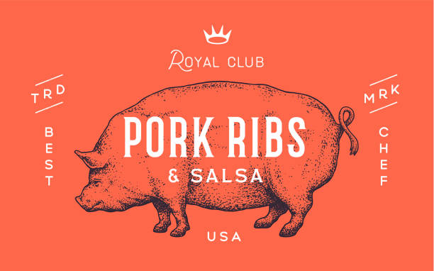 ilustrações de stock, clip art, desenhos animados e ícones de pork, pig. template label. vintage retro print - carne talho