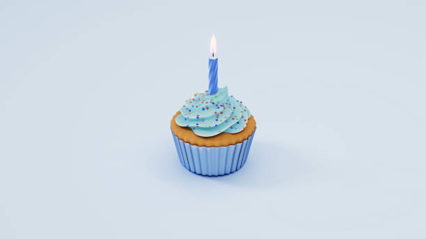 istock Festive cupcake with candle on blue background, 3d rendering. 1312472617