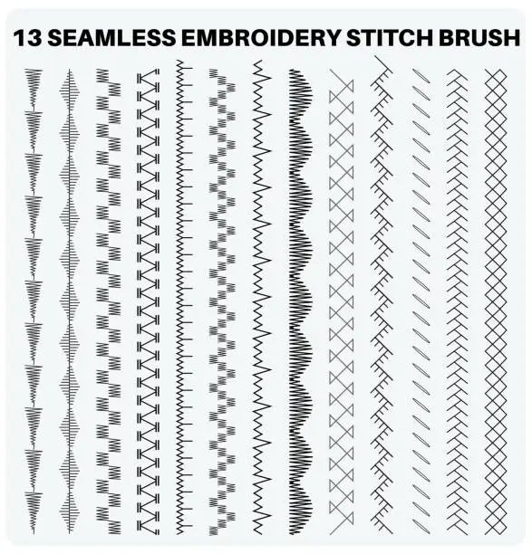 Vector illustration of Seamless embroidery sewing stitch brush vector illustrator set, different types of machine stitch brush pattern for fasteners, dresses garments, bags, Fashion illustration, Clothing and Accessories
