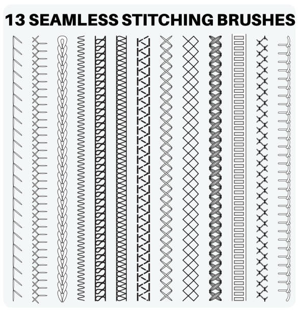 ilustrações de stock, clip art, desenhos animados e ícones de seamless sewing stitch brush vector illustrator set, different types of machine stitch brush pattern for fasteners, dresses garments, bags, fashion illustration, clothing and accessories - needlecraft product illustrations