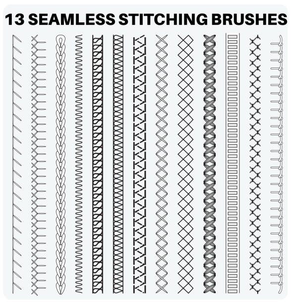 Seamless sewing stitch brush vector illustrator set, different types of machine stitch brush pattern for fasteners, dresses garments, bags, Fashion illustration, Clothing and Accessories Seamless sewing stitch brush vector illustrator set, different types of machine stitch brush pattern for fasteners, dresses garments, bags, Fashion illustration, Clothing and Accessories thread sewing item stock illustrations