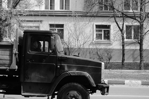 Moscow region, Russia - April 14, 2021: Truck is driving on town street