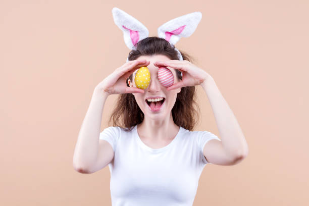istock Funny woman in bunny ears Happy Easter concept. 1312474724