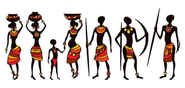 Illustration of people from Africa. Men and women national clothes. Illustration of people from African tribe. Men and women national clothes. african warriors stock illustrations