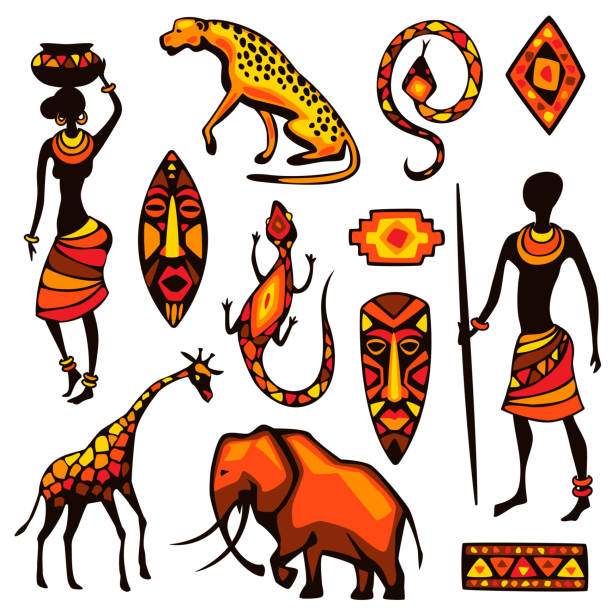 illustrazioni stock, clip art, cartoni animati e icone di tendenza di set di oggetti etnici africani. persone, animali e maschere. - africa south africa child african culture
