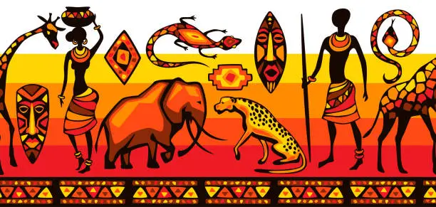 Vector illustration of African ethnic seamless pattern. People, animals and masks.