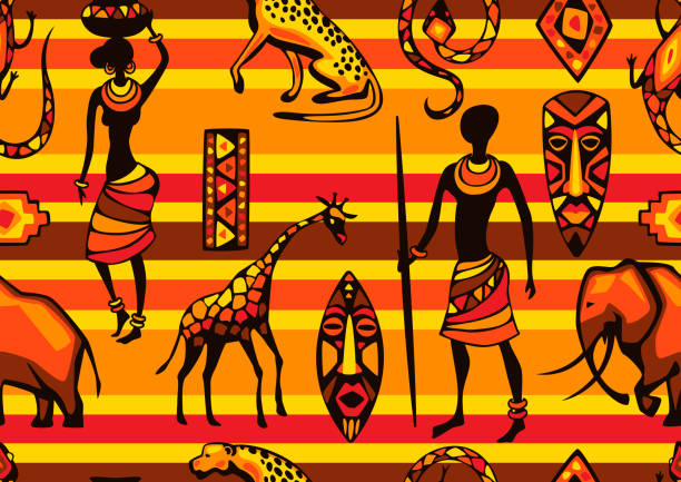 ilustraciones, imágenes clip art, dibujos animados e iconos de stock de patrón étnico africano sin fisuras. gente, animales y máscaras. - african descent africa african culture pattern