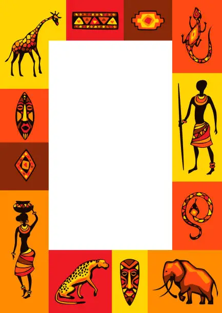 Vector illustration of African ethnic background. People, animals and masks.