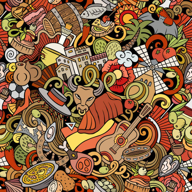 Cartoon doodles Spain seamless pattern. Backdrop with Spanish culture items Cartoon doodles Spain seamless pattern. Backdrop with Spanish culture symbols and items. Colorful detailed, with lots of objects background for print on fabric, textile, phone cases, wrapping paper. spanish culture illustrations stock illustrations
