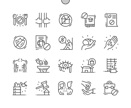 Destitution. Home deprivation. Mendicancy. Begging and beggars. Homeless, poverty, unemployed and hopeless. Pixel Perfect Vector Thin Line Icons. Simple Minimal Pictogram
