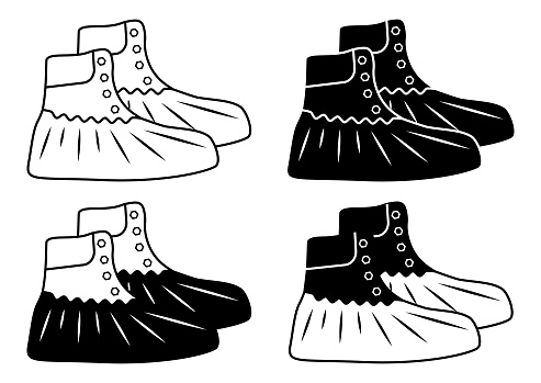 Polyethylene covering for shoes. Antibacterial plastic shoe covers. Protective medical covers. Military boots in outline and glyph style. Vector isolated on white background