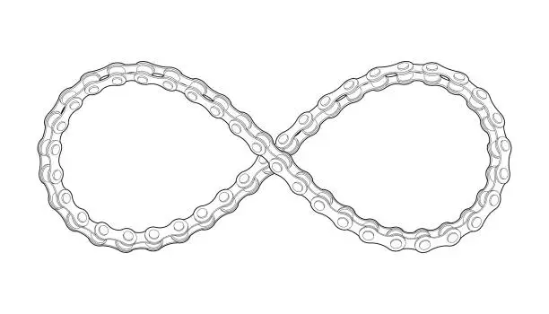 Vector illustration of Bicycle chain twisted like Infinity sign. Symbol of a cycling lifestyle. Vector editable outline illustration.