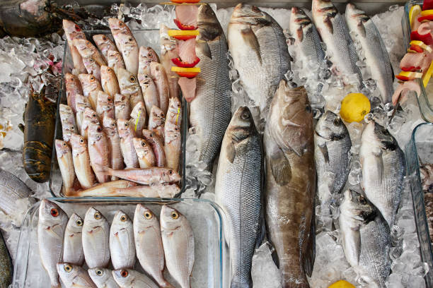 istock Different types of fresh raw sea fish on ice. 1312479003
