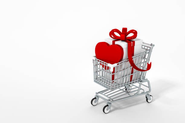 istock Red hearts and gift box put on shopping cart with white background 3d rendering. 3d illustration sweet heart and Valentines Day shopping greeting card template minimal concept. 1312480240