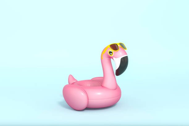 rosa flamingo flutua, tropical bird shape anel de piscina inflável com óculos de sol em fundo azul pastel 3d renderização. ilustração 3d conceito mínimo de verão. - flamingo - fotografias e filmes do acervo