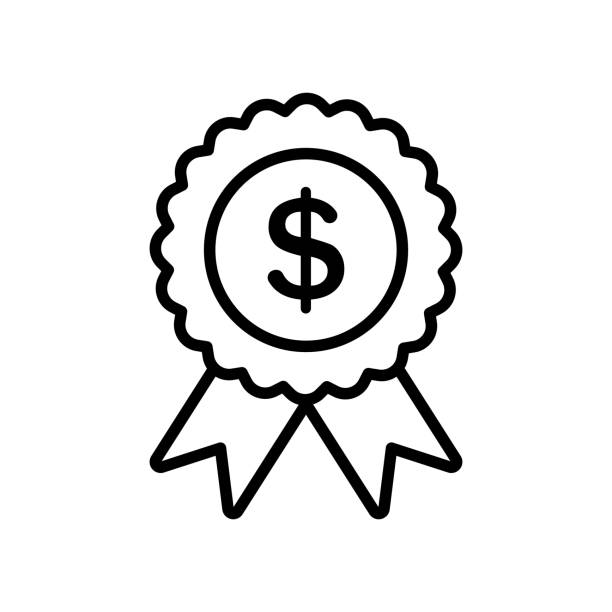 Best price line icon. Business money badge Best price line icon. Business money badge with ribbons. Special offer outline symbol. Vector isolated on white inexpensive stock illustrations