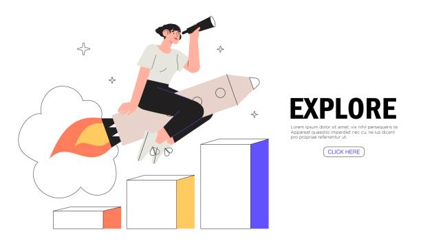 ilustrações, clipart, desenhos animados e ícones de mulher ambiciosa bem sucedida movendo-se alto em bandeira de foguete, landing page. motivação empresarial, lançamento e desenvolvimento de startups. explore novas esferas, crescimento de negócios, estratégias de sucesso conceito de pesquisa. - taking off business creativity adventure