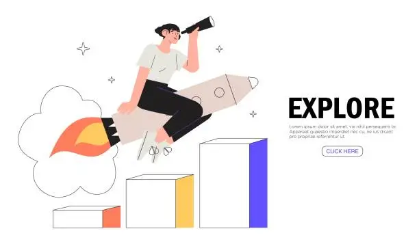 Vector illustration of Successful ambitious woman moving high on rocket banner, landing page. Business motivation, startup launch and development. Explore new spheres, business growth, successful strategies search concept.