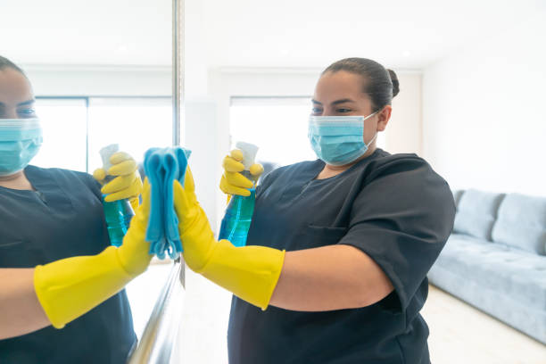 istock Cleaner cleaning a mirror in a house while wearing a facemask 1312481786