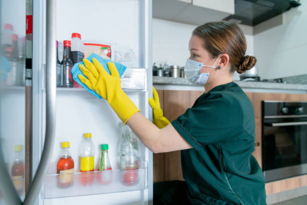 Cleaner wearing a facemask while cleaning the fridge Latin American cleaner wearing a facemask while cleaning the fridge during the COVID-19 pandemic fridge clean stock pictures, royalty-free photos & images