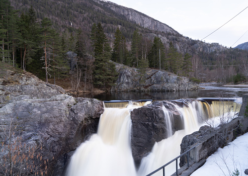 A small dam on the Vallarai River in Seljord, Norway.
