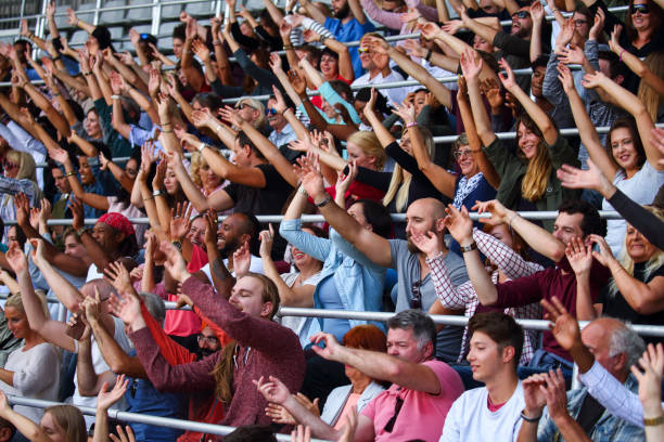 istock Ecstatic fans on the stadium with arms raised 1312483206