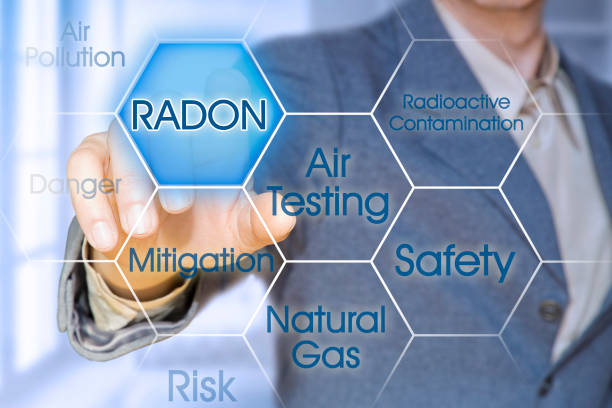 dangerous natural gas radon - concept with business manager pointing to icons against a digital display. - radium imagens e fotografias de stock