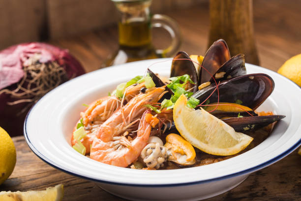 istock Tasty Spanish paella with seafood . 1312485081