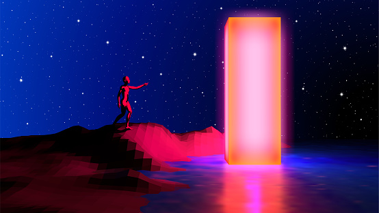 80s styled landscape with human reaching out to touch mysterious neon shiny obelisk. Sci-fi abstract background with esotheric theme in blue and purple synthwave or retrowave colors