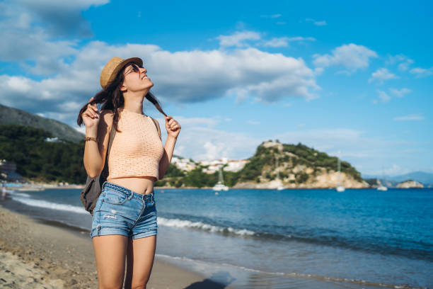 istock Young woman relaxing on beach 1312485222