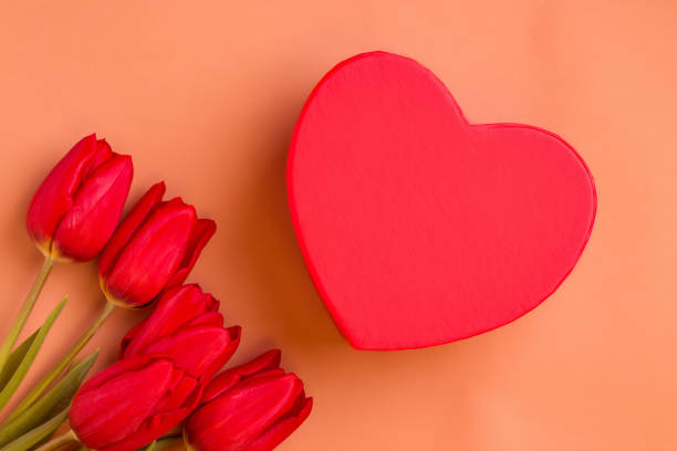 istock Valentine's Day gift. Red tulips with heart shaped box on brown background 1312485316