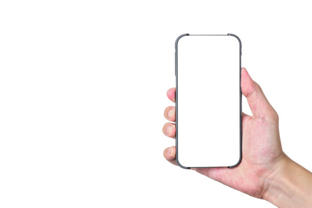 istock Asia man hand holding black smartphone isolated 1312486169