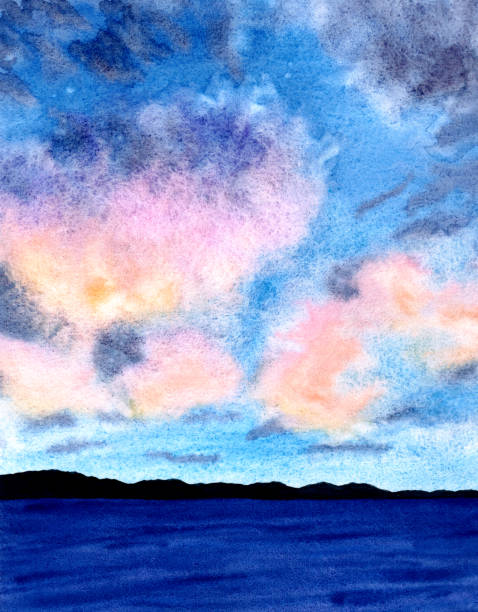 istock Simple minimalistic watercolor seascape. Beautiful romantic sunset with big clouds. Hand drawn creative art. Creative background. Template for designs, card, posters. Yellow, pink, purple and blue 1312486256